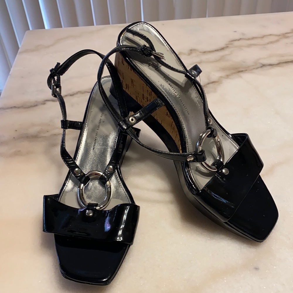 Franco Sarto Black Patten Leather Wedge Heels - 9